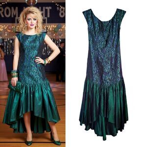 VTG 80s Handmade Iridescent Green Blue Taffeta Back Bow Prom Dress S M